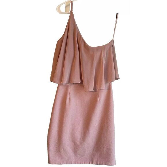 Dress The Population Womens Sabrina Dress S Pink Rose Petal One Shoulder Ruffle - Picture 1 of 8